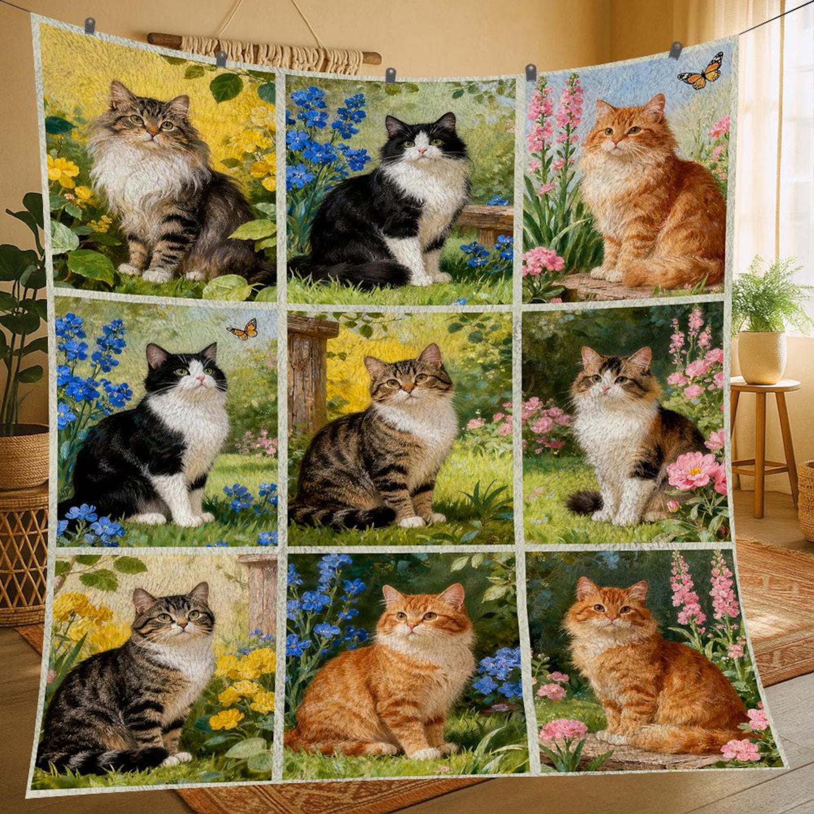 Vintage Floral Cat Fleece Blanket, Personalized Cat Fleece Blanket