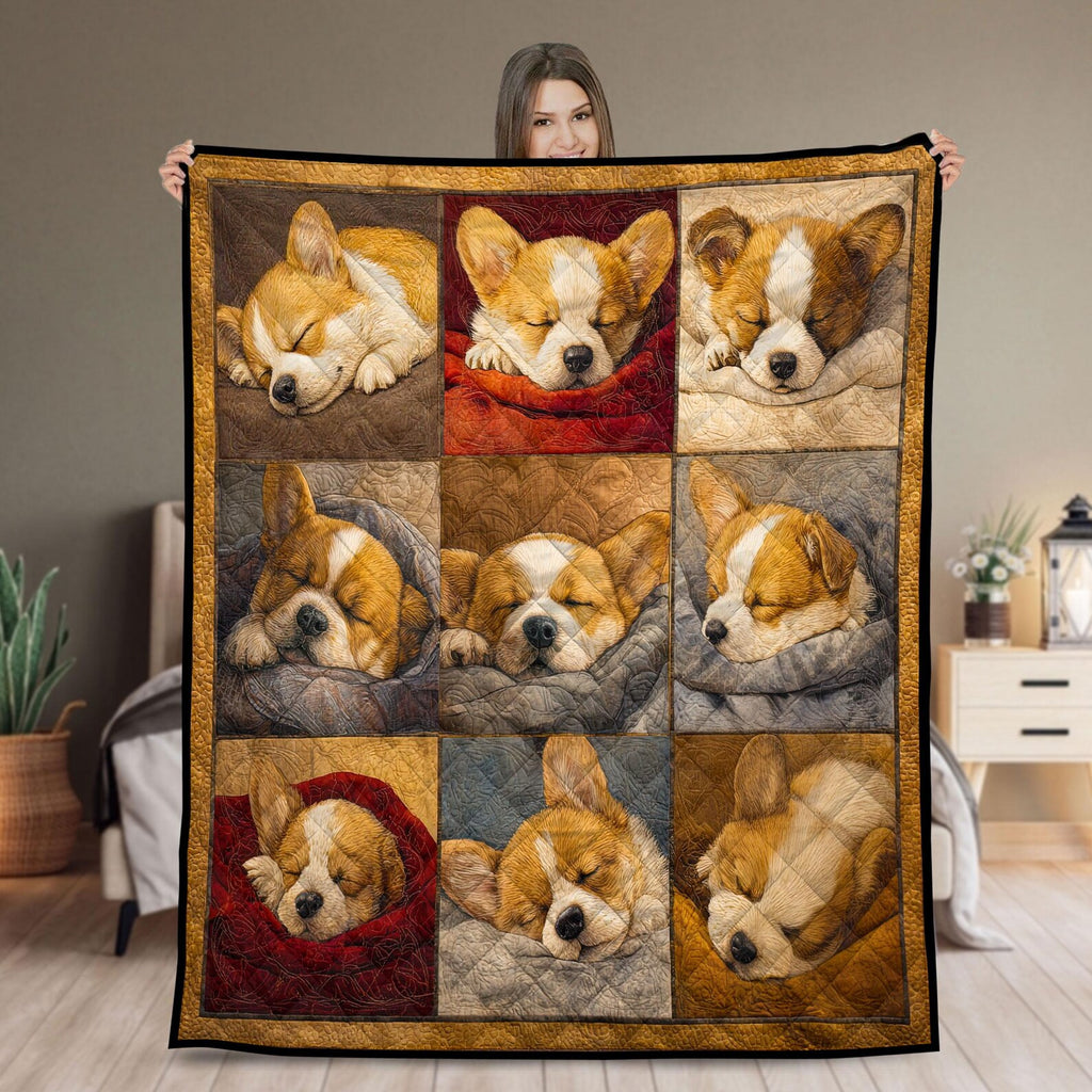 Sleeping Cute Corgi Quilted Blanket, Corgi Dogs Quilt, Corgi Dog Lover Cozy Throw Gift