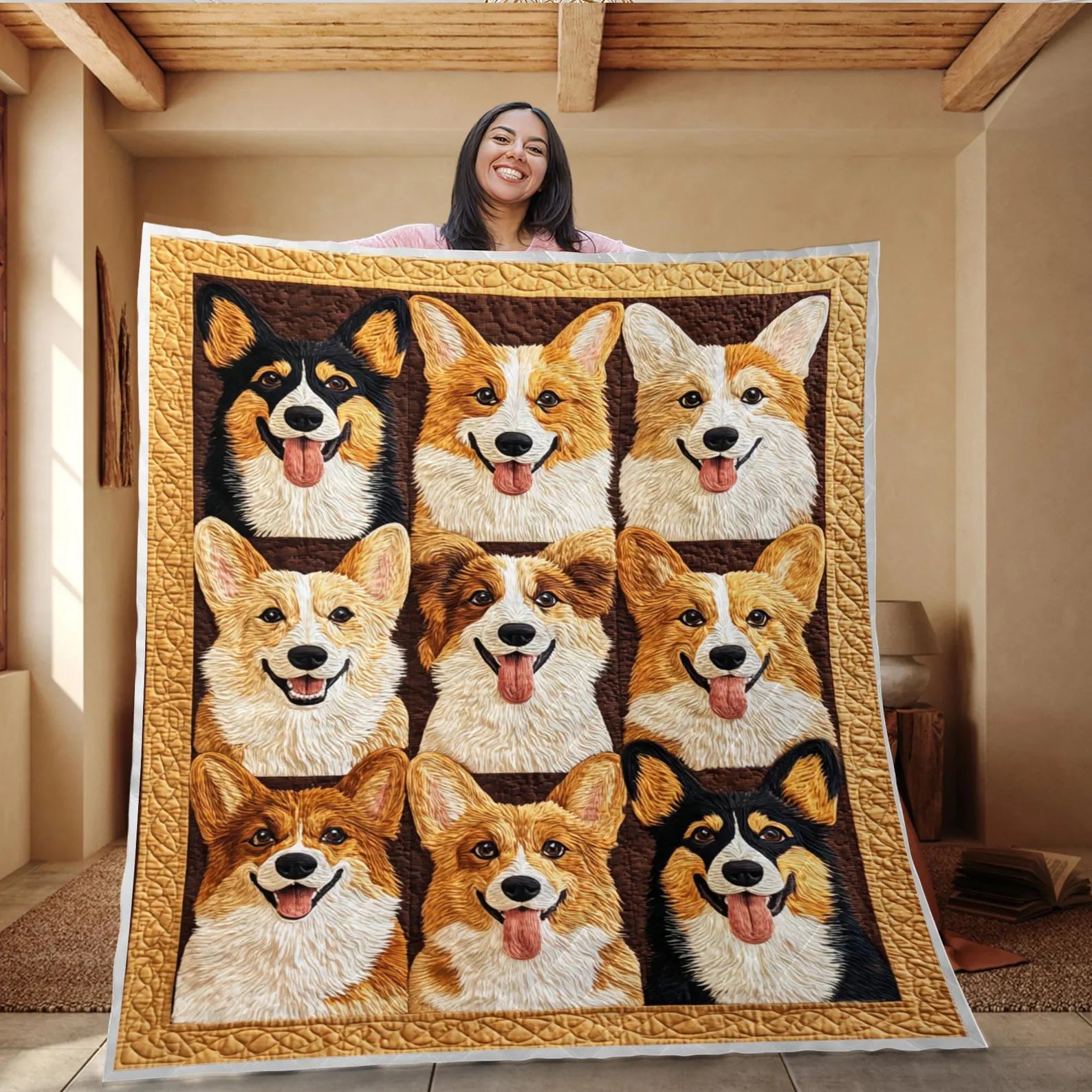 Funny Corgi Quilted Blanket, Cute Corgi Dog Quilt, Cute Pet Blanket, Cozy Dog Lover Gift