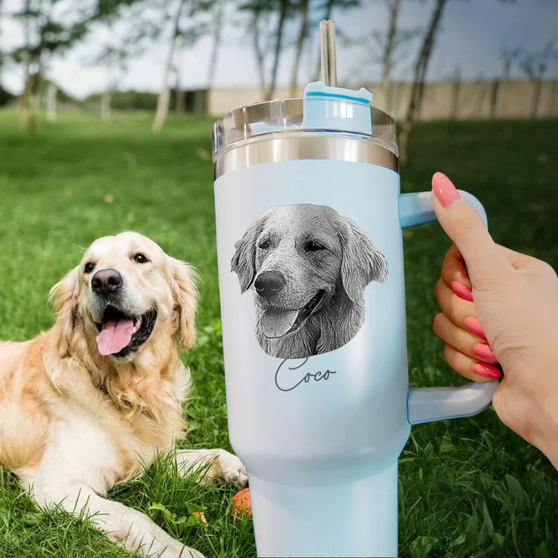 Engraved Pet Portrait Tumbler With Name - Personalized 40 oz Dog Photo Cup - Christmas Gift For Dog Moms