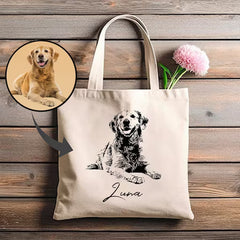 Pet Portrait Sketch Tote Bag - Personalized Dog & Cat Photo Canvas Bag With Name - Gift For Pet Moms