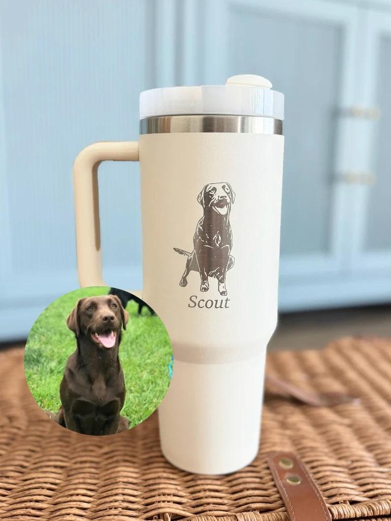 Custom Dog Photo Tumbler With Handle, Personalized Gifts for Dog Mom, Insulated 40oz Cup, Dogs Portrait Sketch Cups, Pet Picture Mug