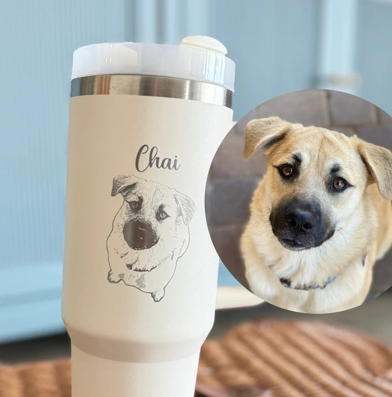 Custom Dog Photo Tumbler With Handle, Personalized Gifts for Dog Mom, Insulated 40oz Cup, Dogs Portrait Sketch Cups, Pet Picture Mug