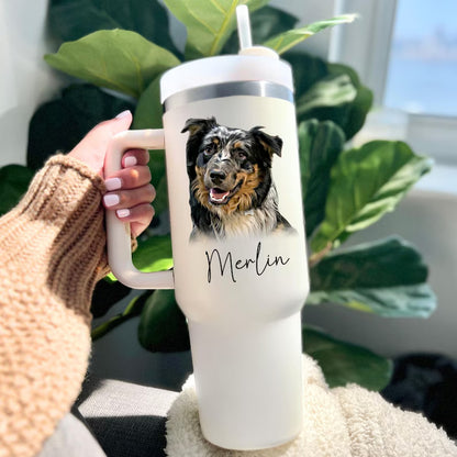 Painted Pet Portrait Tumbler With Name - Personalized 40 oz Dog Photo Cup With Handle - Gift For Pet Lovers