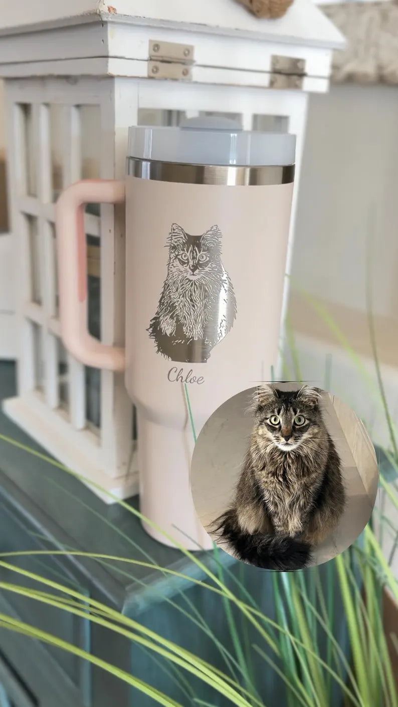 Custom Dog Photo Tumbler With Handle, Personalized Gifts for Dog Mom, Insulated 40oz Cup, Dogs Portrait Sketch Cups, Pet Picture Mug