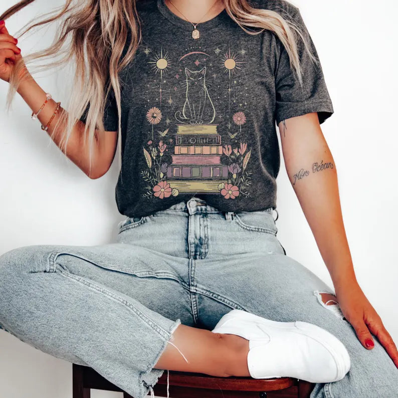 Mystical Cat Shirt Witchy Moon and Stars Tee, Celestial Floral Book Lover T-Shirt, Dark Cottagecore Gift Cat Mom, Magic Goth Dark Academia