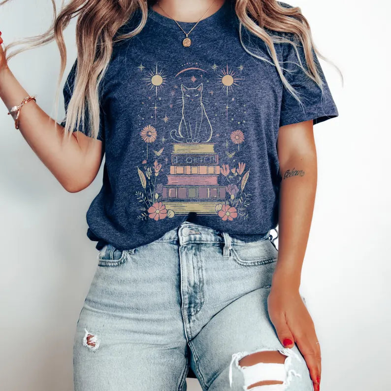 Mystical Cat Shirt Witchy Moon and Stars Tee, Celestial Floral Book Lover T-Shirt, Dark Cottagecore Gift Cat Mom, Magic Goth Dark Academia