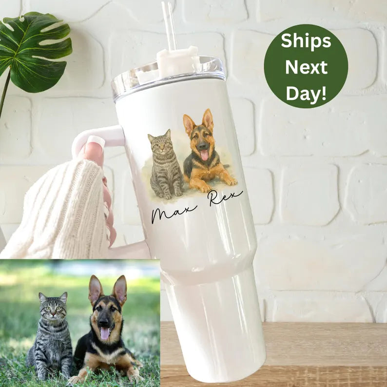 Watercolor Pet Portrait Tumbler With Names - Personalized 40 oz Dog Mama Cup From Your Photo - Pet Lover Gift