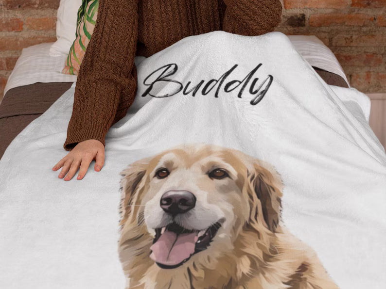 Custom Pet Portrait Blanket By Using Pet Photo,Personalized Blanket with Your Dog or Cat’s Portrait, Custom Dog Blanket with Name