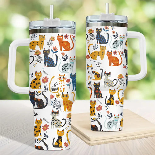 Cat Floral 40oz Tumbler, Cat Summer Tumbler For Her, Pet Love Stainless Steel Tumbler, Cat Summer Drinkware Tumbler, Animal Love Gift