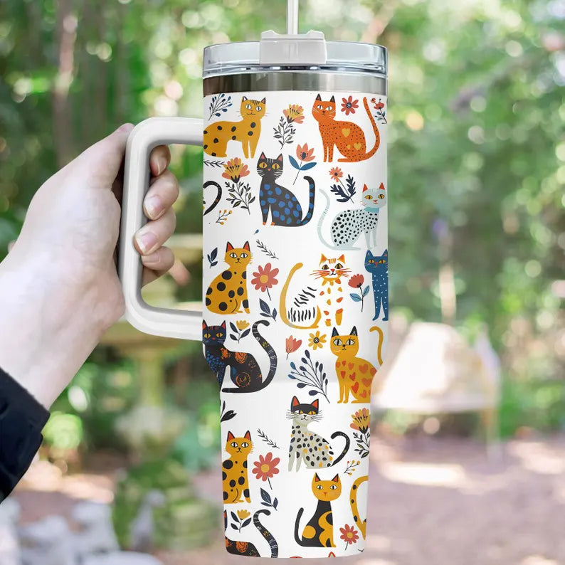Folk Art Cats & Flowers 40 oz Tumbler With Handle - Floral Cat Stainless Steel Tumbler - Gift For Cat Lovers