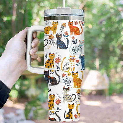Folk Art Cats & Flowers 40 oz Tumbler With Handle - Floral Cat Stainless Steel Tumbler - Gift For Cat Lovers