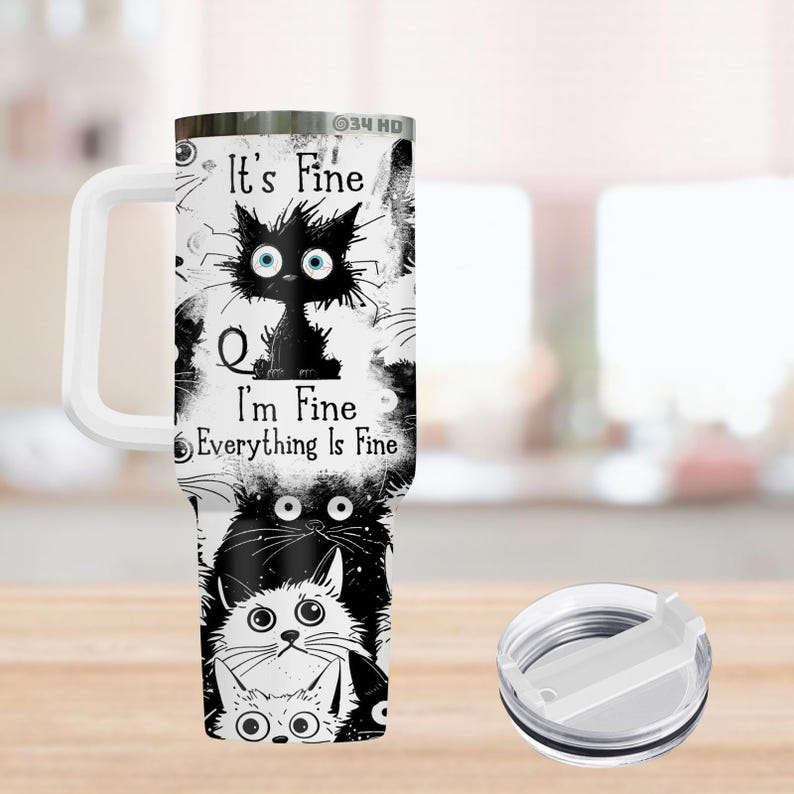 Funny Cat 40Oz Tumbler, Black White Crazy Cat Coffee Tumbler, It'S Fine I'M Fine Cup, Cute Cat Insulated Tumbler, Gift For Pet Lovers
