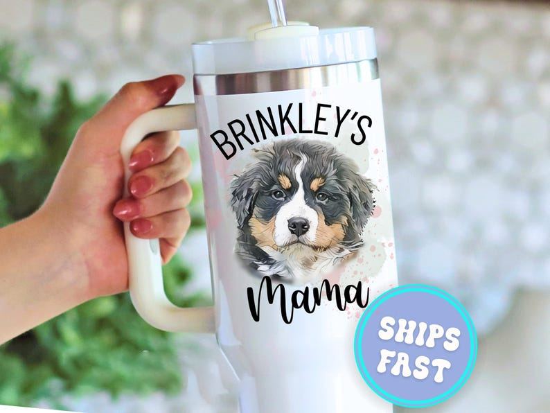 Custom Painted Dog Portrait Tumbler From Photo - Personalized 40 oz Dog Mama Cup With Name - Dog Mom Gift