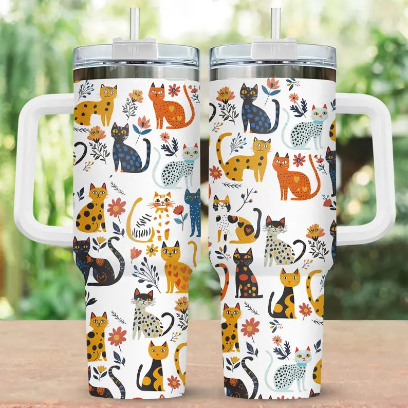 Folk Art Cats & Flowers 40 oz Tumbler With Handle - Floral Cat Stainless Steel Tumbler - Gift For Cat Lovers