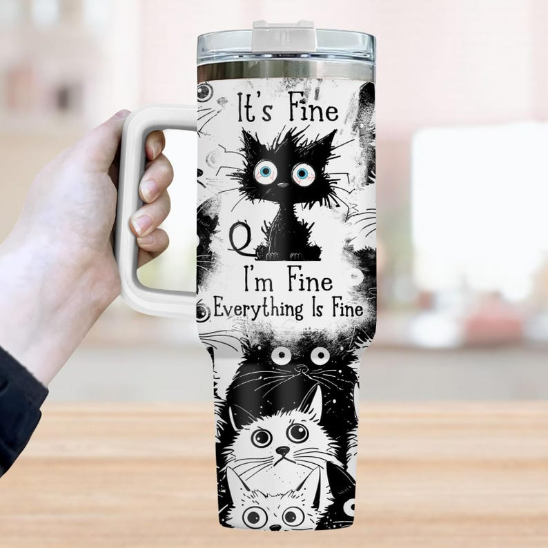 Funny Cat 40Oz Tumbler, Black White Crazy Cat Coffee Tumbler, It'S Fine I'M Fine Cup, Cute Cat Insulated Tumbler, Gift For Pet Lovers