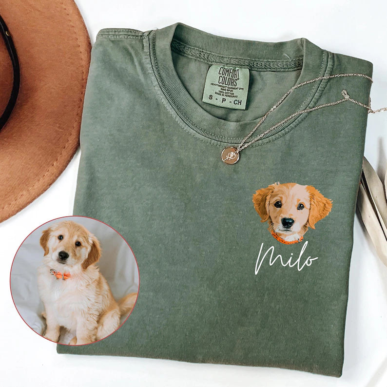 Custom Pet Portrait Shirt With Name - Personalized Left Chest Dog Or Cat Tee - Gift For Dog And Cat Lovers