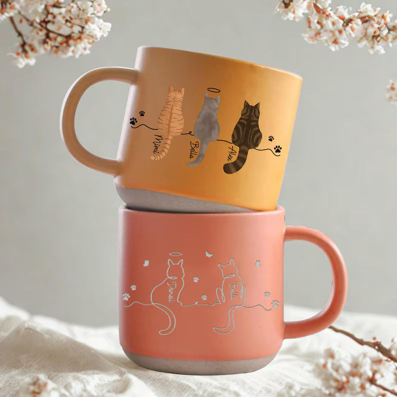 Personalised Cat Pottery Mug, Cat Memorial Gift, Cat Lovers Gift Cute Dog Cat Line Art Gift for Pet Mom/Pet Dad, Custom Cat's Name Mug