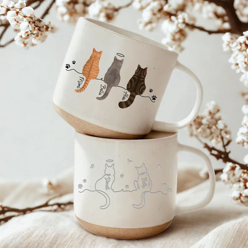 Cats On A Line Pottery Mug - Personalized Cat Names Mug With Halo Option - Cat Memorial Gift For Cat Lovers