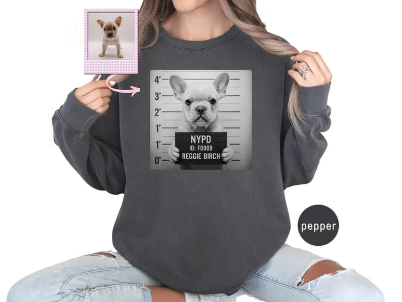 Custom Pet Mugshot T-Shirt or Sweatshirt, Personalized Dog/Cat Portrait