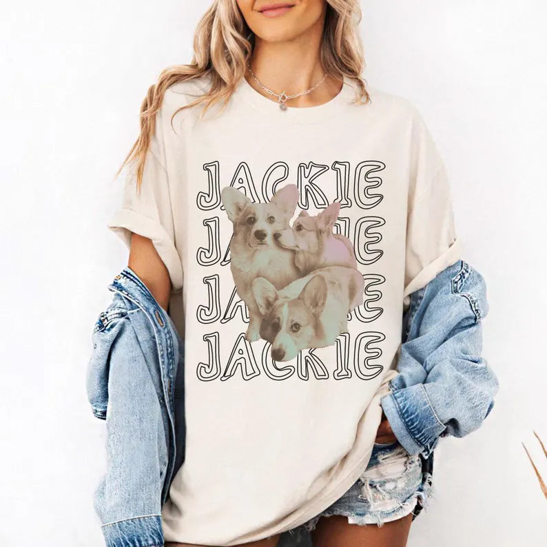 Custom Dog Photo Shirt, Personalized Cat Dog Portrait Tee, Retro Bootleg Pet T-Shirt, Y2K Pet Shirt, Dog Remembrance Gift
