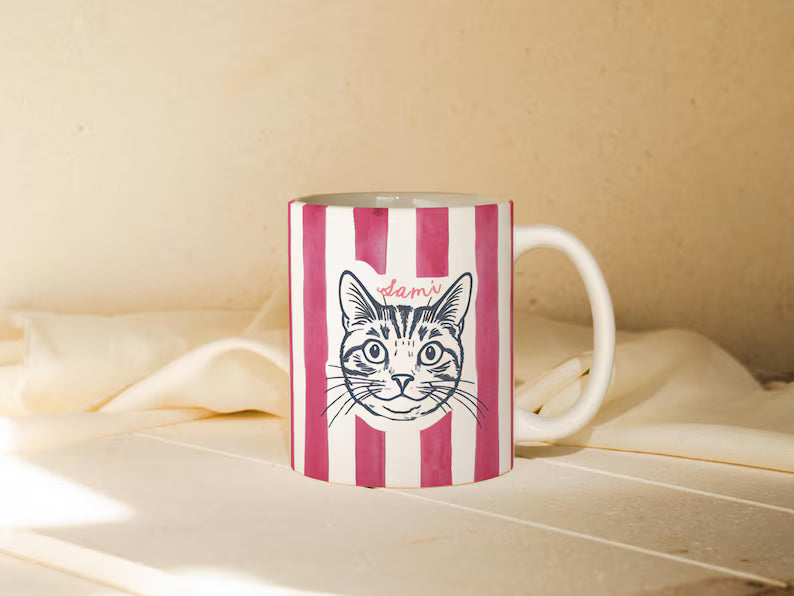 Line Art Pet Sticker Striped Mug - Personalized Dog & Cat Coffee Mug With Name - Gift For Dog Mom & Cat Mom