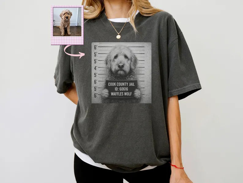 Custom Pet Mugshot Shirt - Personalized Dog Or Cat Jail Photo Tee Or Sweatshirt - Funny Gift For Pet Owners