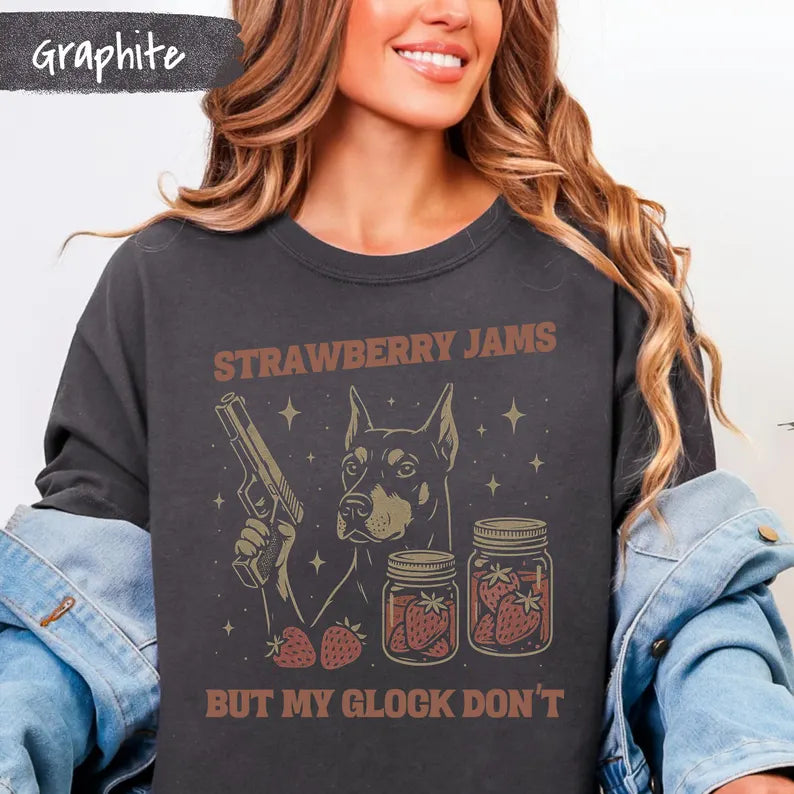 Doberman Pinscher Shirt, Stawberry Jams But Glock Don't Doberman Dog Shirt,Comfort Colors T-Shirt with Doberman, Funny Meme Tee