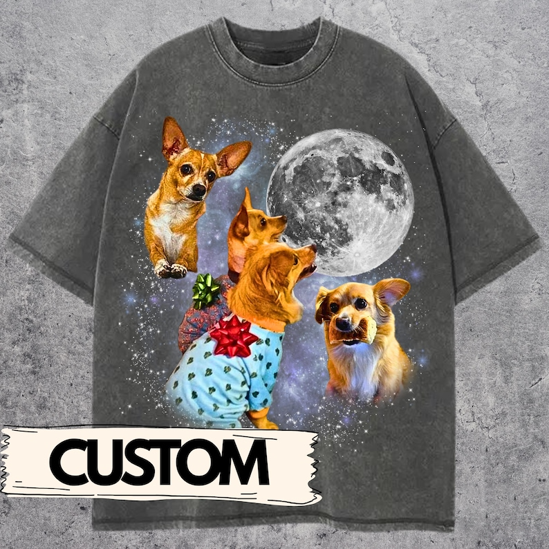Custom Pet Portrait Comfort Colors Tshirt, Personalized Dog Cat Photo Tee, Vintage Graphic Moon Shirt, Gift for Pet Lovers Him Her