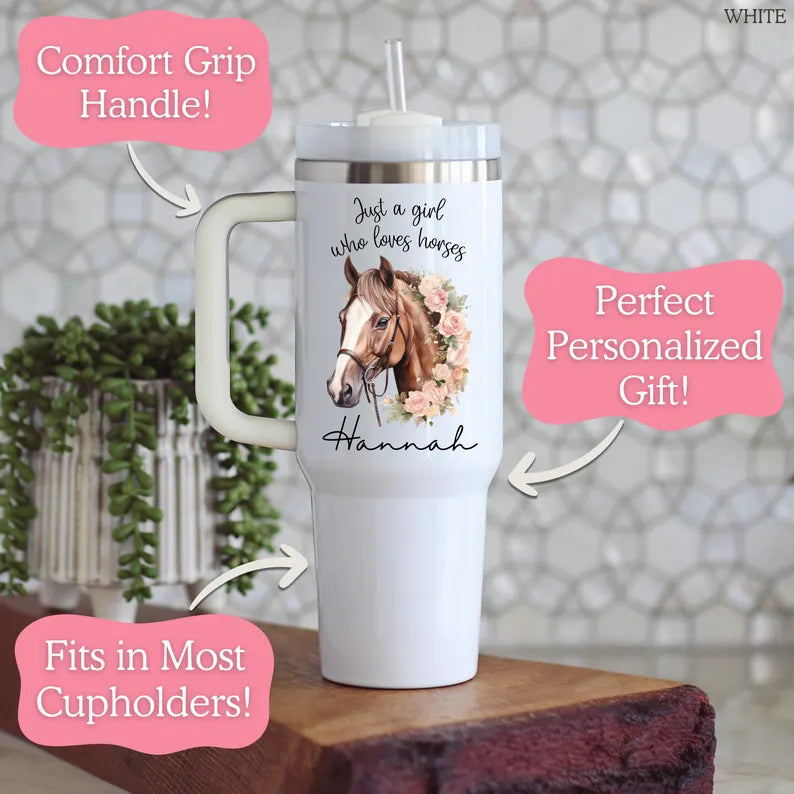 Personalized Horse 40oz Tumbler with Handle, Custom Horse Travel Mug, Equestrian Gift for Women & Girls, Horse Lover Cup