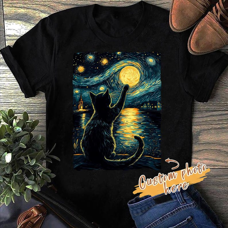 Starry Night Cat T-Shirt: Vincent Van Gogh Style, Black Cat Lover Gift