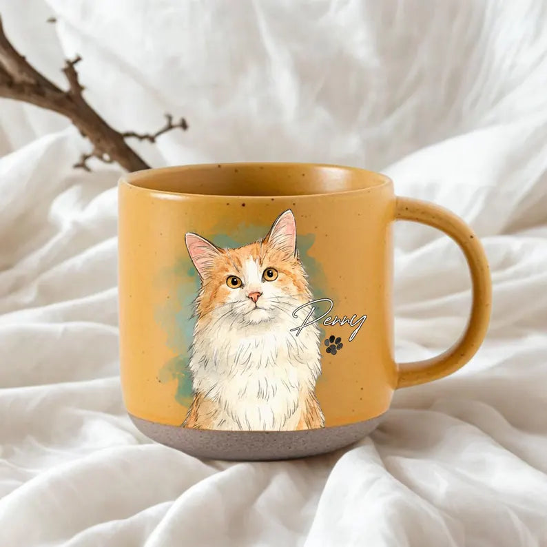 Watercolor Pet Portrait Pottery Mug - Personalized Dog & Cat Photo Coffee Cup With Name - Pet Memorial Gift