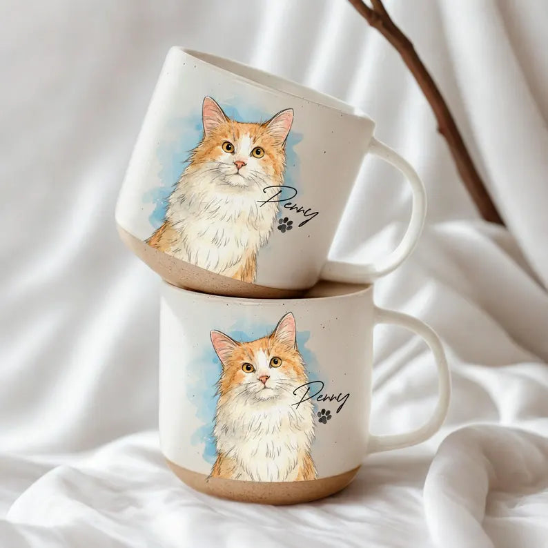 Watercolor Pet Portrait Pottery Mug - Personalized Dog & Cat Photo Coffee Cup With Name - Pet Memorial Gift
