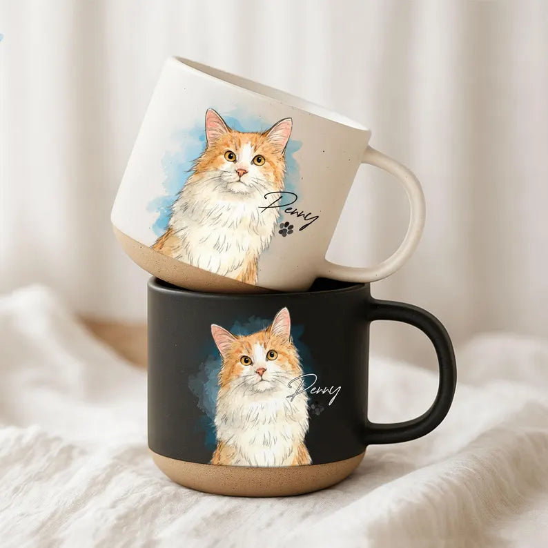 Watercolor Pet Portrait Pottery Mug - Personalized Dog & Cat Photo Coffee Cup With Name - Pet Memorial Gift
