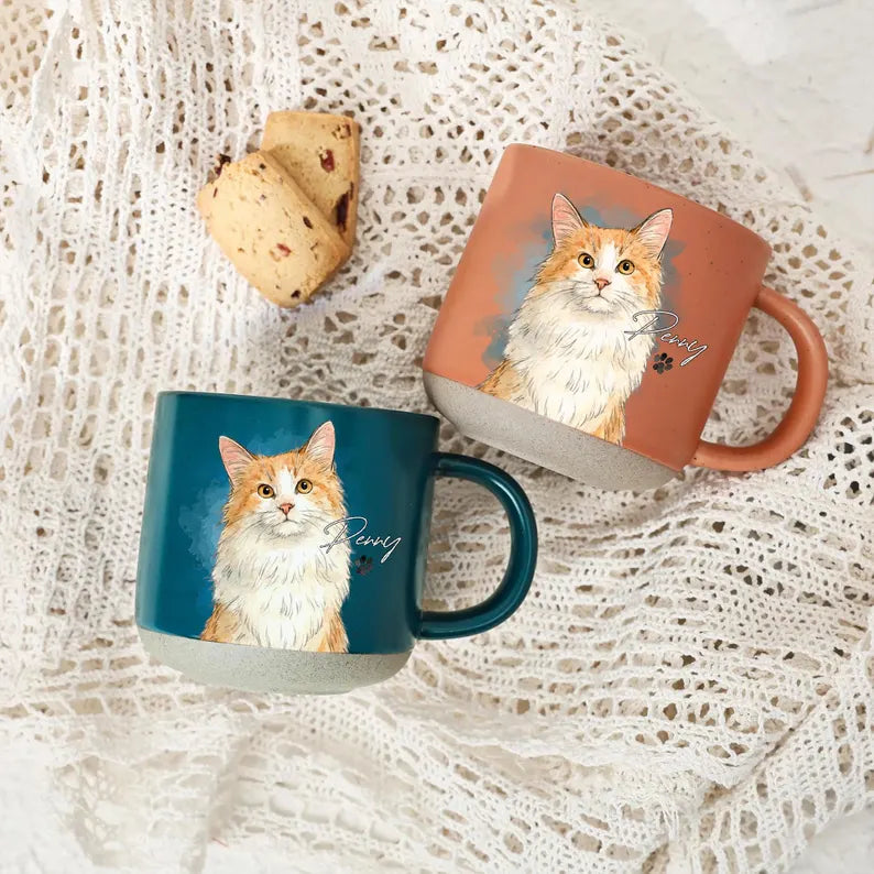 Watercolor Pet Portrait Pottery Mug - Personalized Dog & Cat Photo Coffee Cup With Name - Pet Memorial Gift