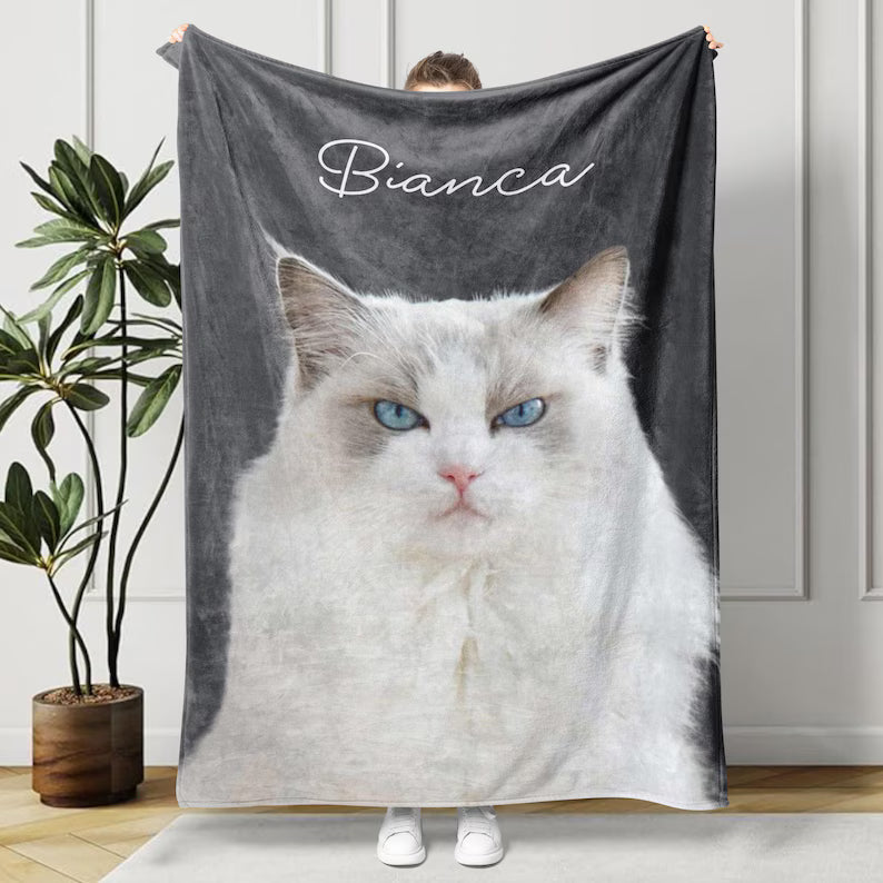 Custom Pet Photo Blanket, Personalized Dog Portrait Blanket, Pet Memorial Gift