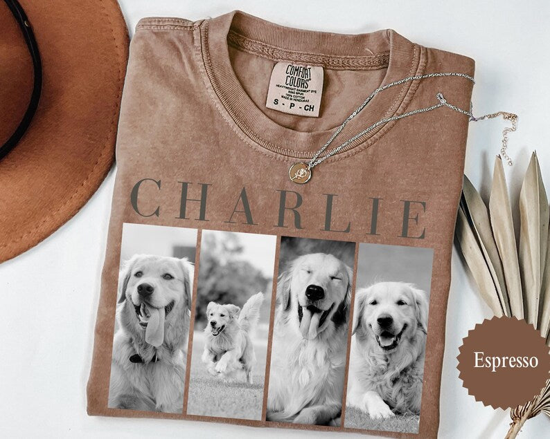 Custom Pet Photo Strip Shirt With Name - Personalized Black & White Dog Tee - Gift For Golden Retriever Moms