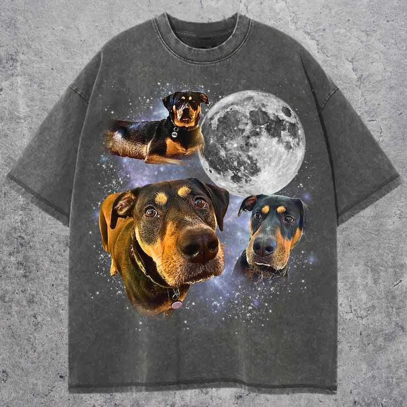 Custom Pet Portrait Comfort Colors Tshirt, Personalized Dog Cat Photo Tee, Vintage Graphic Moon Shirt, Gift for Pet Lovers Him Her