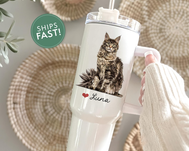 Custom Cat Photo Tumbler, 40oz Tumbler With Handle, Personalized Cat Photo Cup, Photo Mug with Pet Names