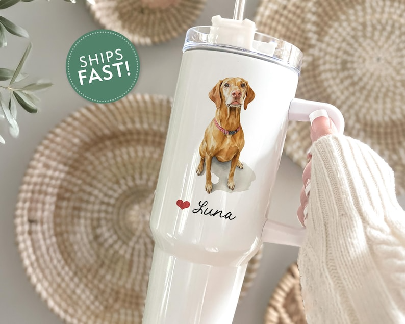 Watercolor Pet Portrait Tumbler With Heart & Name - Personalized 40 oz Dog Photo Cup - Gift For Dog Lovers