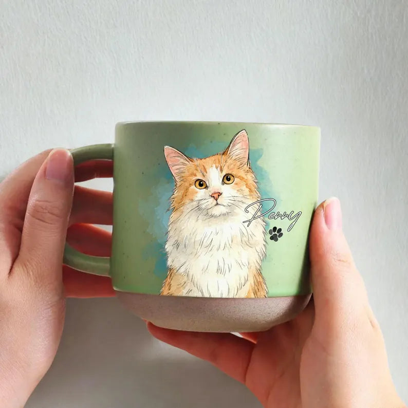 Watercolor Pet Portrait Pottery Mug - Personalized Dog & Cat Photo Coffee Cup With Name - Pet Memorial Gift