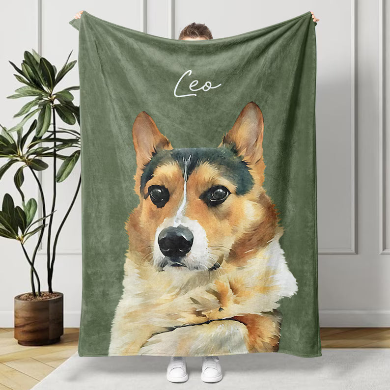 Custom Pet Photo Blanket, Personalized Dog Portrait Blanket, Pet Memorial Gift