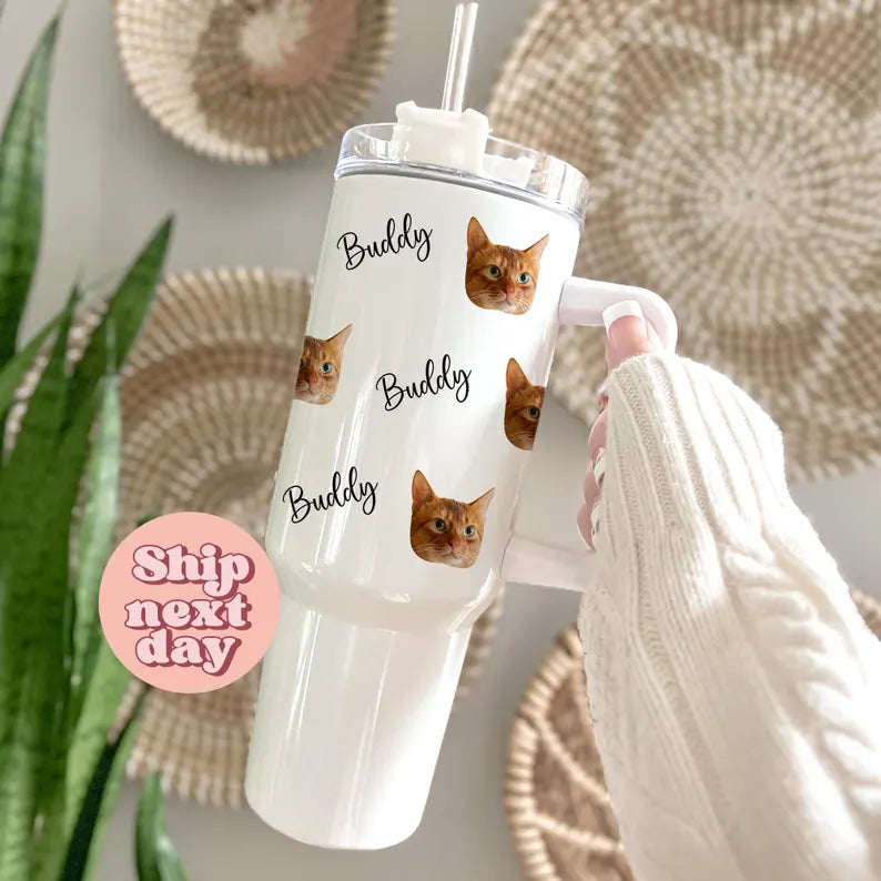 Custom Pet Photo 40oz Tumbler: Pet Photo Tumbler, Personalized Drinkware For Cat Mom