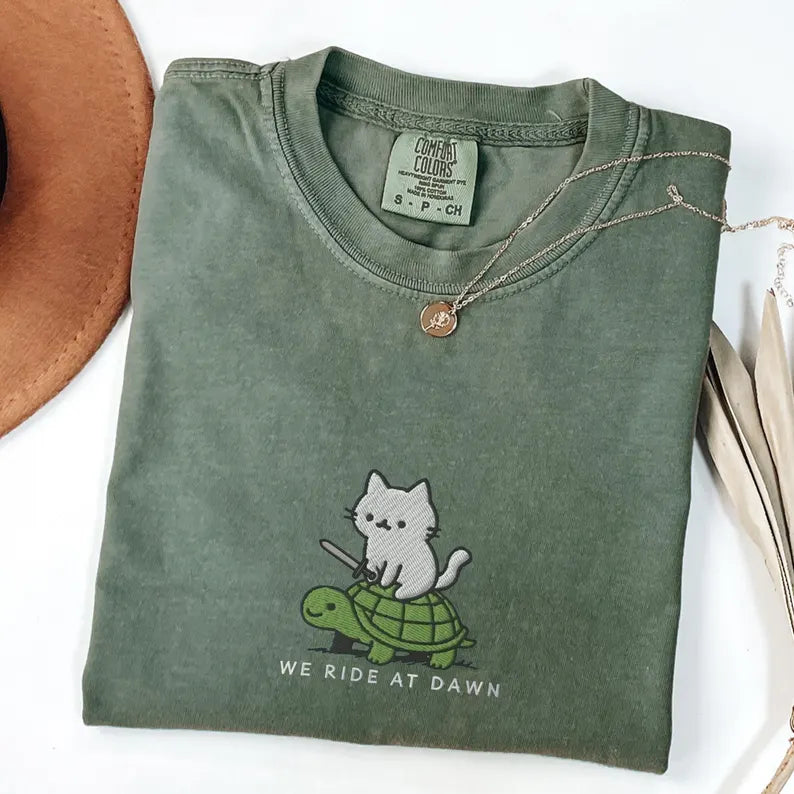 Embroidered We Ride At Dawn Shirt - Funny Cat On Turtle Ren Faire Tee With Custom Pet Option - Gift For Her