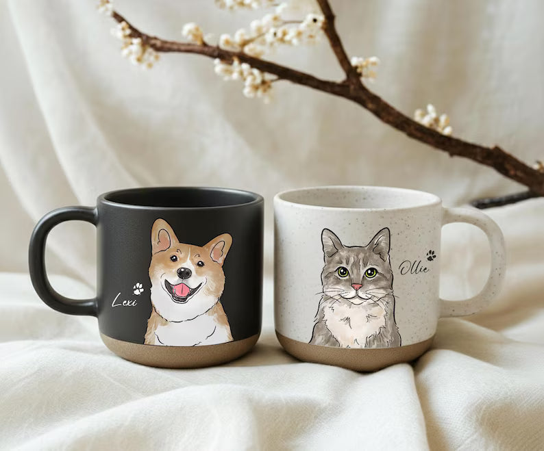Cartoon Pet Portrait Pottery Mug - Personalized Dog & Cat Coffee Mug With Name - Gift For Pet Owners