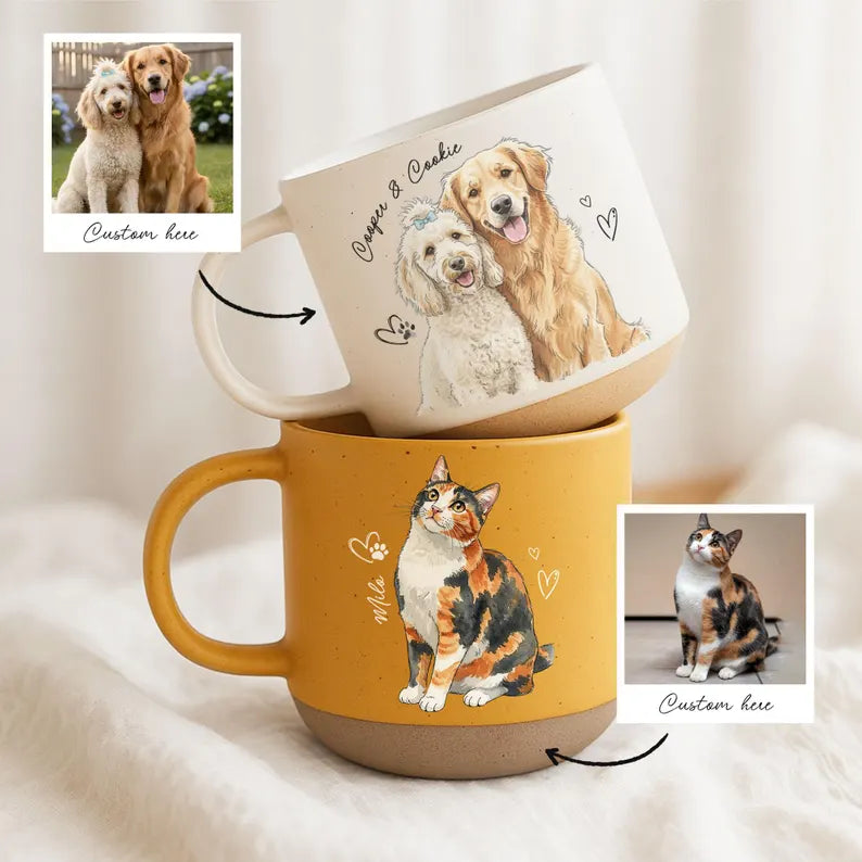 Watercolor Pet Portrait Pottery Mug - Personalized Dog & Cat Photo Coffee Cup With Name - Gift For Pet Lovers