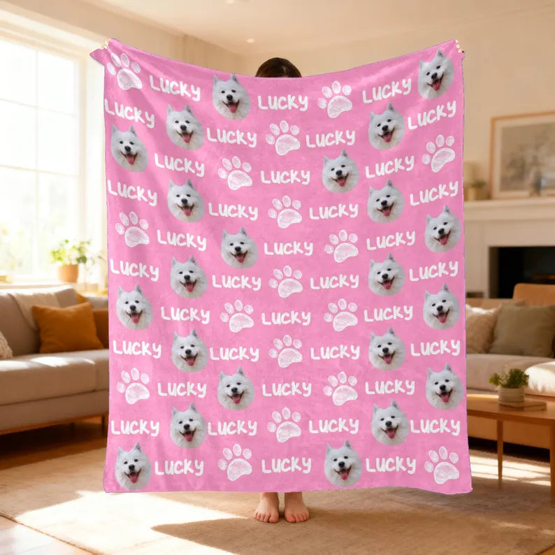 Custom Pet Face Blanket with Name Pattern - Personalized Dog & Cat Photo Fleece Throw - Gift For Pet Lovers