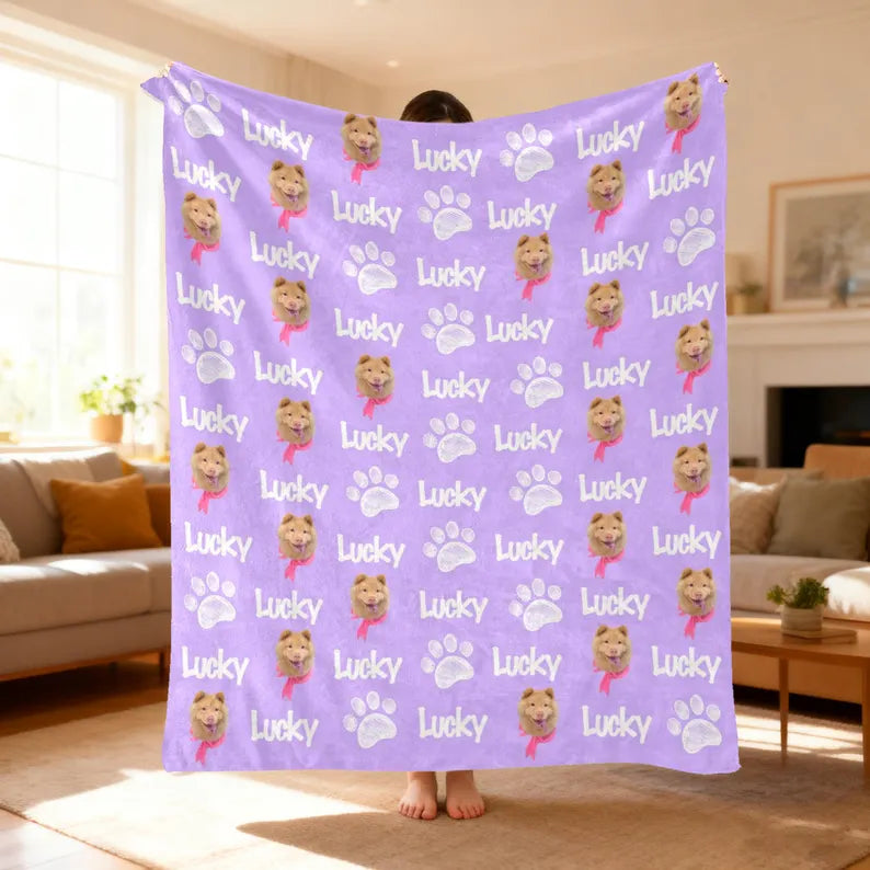 Custom Pet Face Blanket, Personalized Dog Cat Name, Soft Fleece Photo Blanket Throw