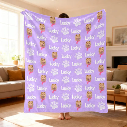 Custom Pet Face Blanket with Name Pattern - Personalized Dog & Cat Photo Fleece Throw - Gift For Pet Lovers