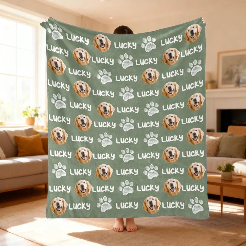 Custom Pet Face Blanket, Personalized Dog Cat Name, Soft Fleece Photo Blanket Throw